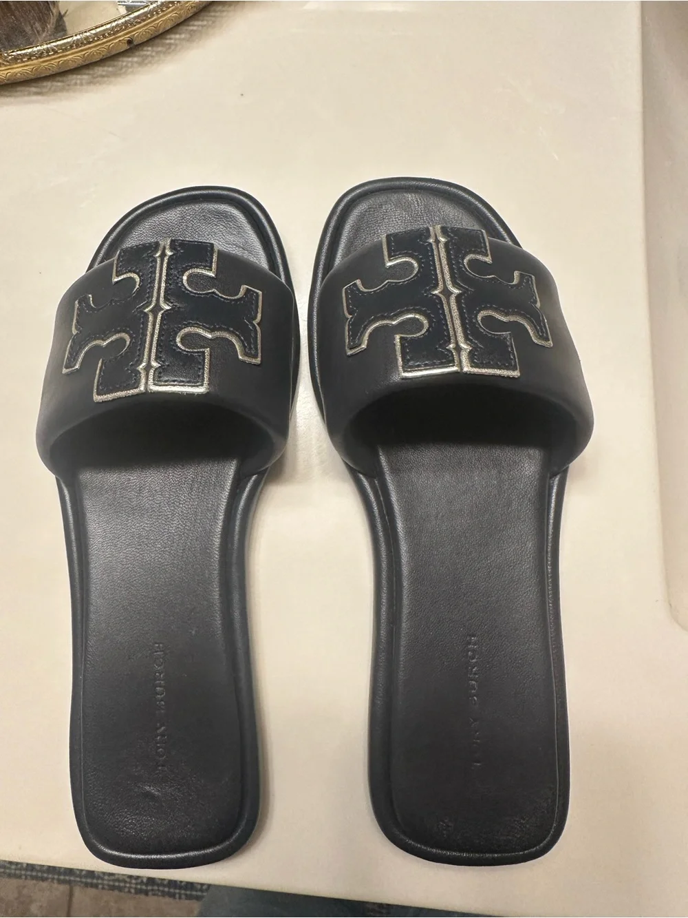 Tory Burch Black Leather Logo Slide Sandals
